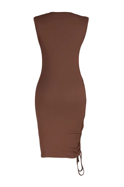 Trendyol Brown Crew Neck Fitted, Shirring Detailed Ribbed Flexible Mini Knitting Dress