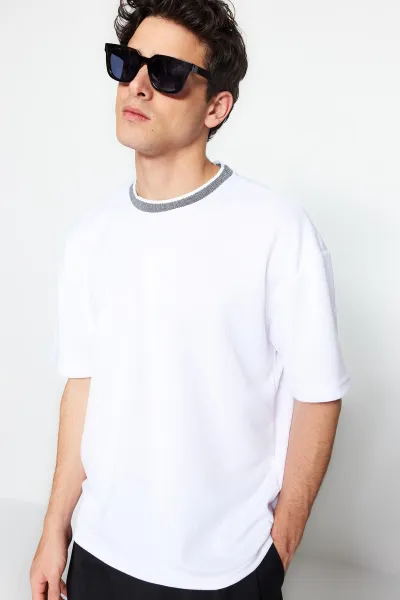 Trendyol Premium Basic White Relaxed Cut Knitted Tape Textured Pique T-Shirt
