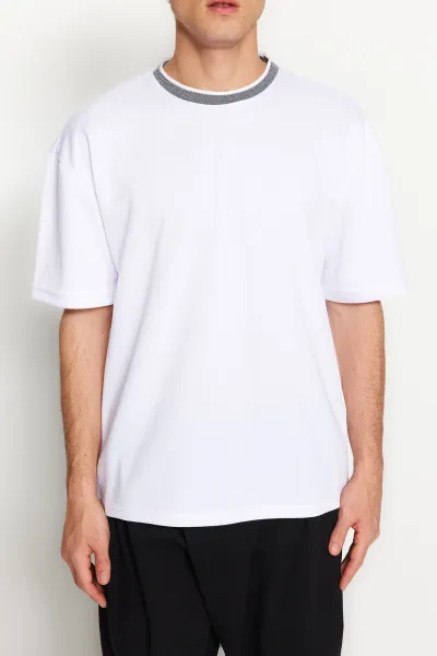 Trendyol Premium Basic White Relaxed Cut Knitted Tape Textured Pique T-Shirt
