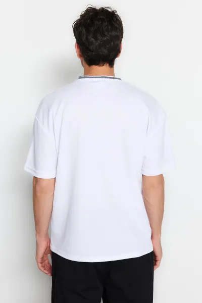 Trendyol Premium Basic White Relaxed Cut Knitted Tape Textured Pique T-Shirt