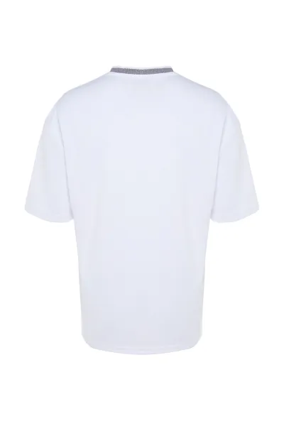 Trendyol Premium Basic White Relaxed Cut Knitted Tape Textured Pique T-Shirt