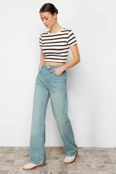 Trendyol Blue Pale Effect vintage džínsy so širokými nohavicami s vysokým pásom