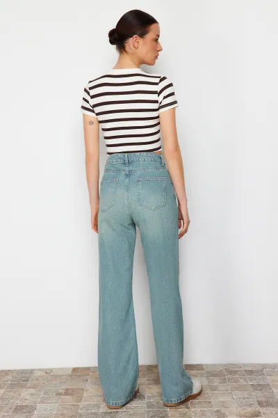 Trendyol Blue Pale Effect vintage džínsy so širokými nohavicami s vysokým pásom