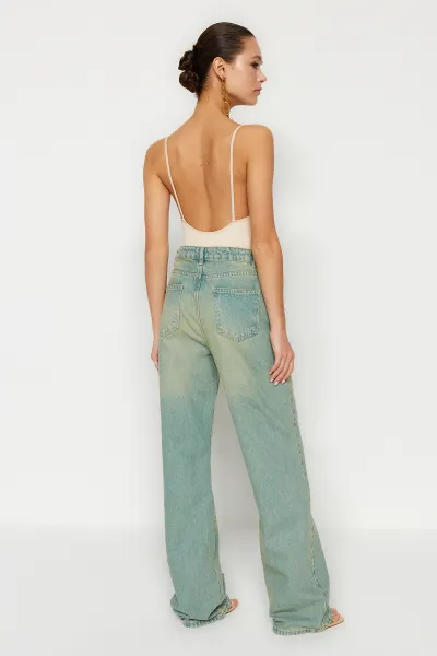 Trendyol Blue Pale Effect vintage džínsy so širokými nohavicami s vysokým pásom