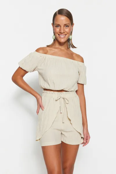 Trendyol Ecru Woven Blouse Short Set
