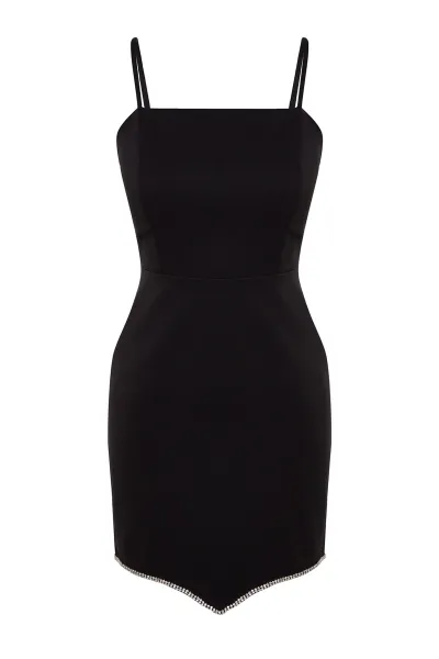 Trendyol Čierne lesklé kamenné elegantné večerné šaty