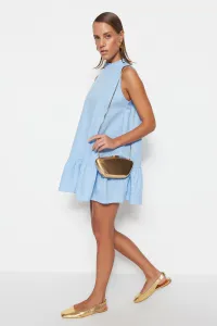 Trendyol Blue mini tkané šaty s vysokým golierom