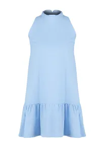 Trendyol Blue mini tkané šaty s vysokým golierom