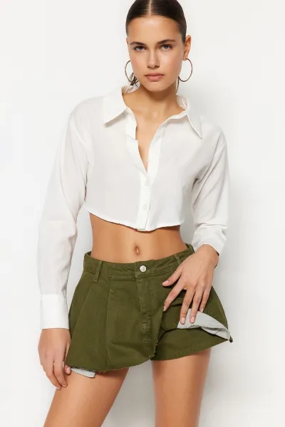 Trendyol Khaki Pleated Mini Denim Shorts Skirt