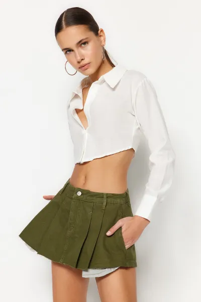 Trendyol Khaki Pleated Mini Denim Shorts Skirt