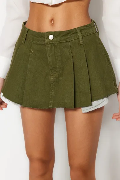 Trendyol Khaki Pleated Mini Denim Shorts Skirt