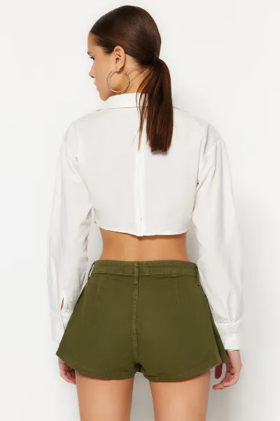Trendyol Khaki Pleated Mini Denim Shorts Skirt