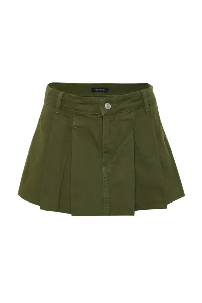 Trendyol Khaki Pleated Mini Denim Shorts Skirt