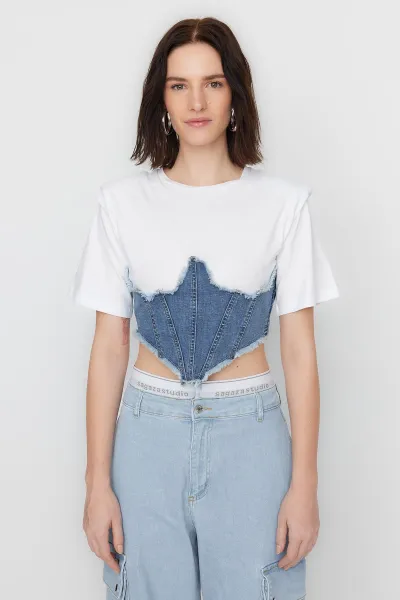 Trendyol X Sagaza Studio Modrý korzetový detailný denimový bustier