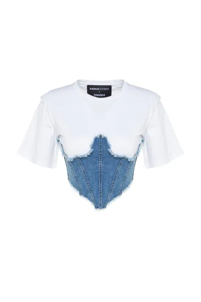 Trendyol X Sagaza Studio Modrý korzetový detailný denimový bustier