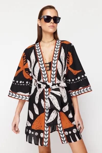 Trendyol etnický vzor opaskový mini-tkaný 100% bavlnený kimono a kaftan