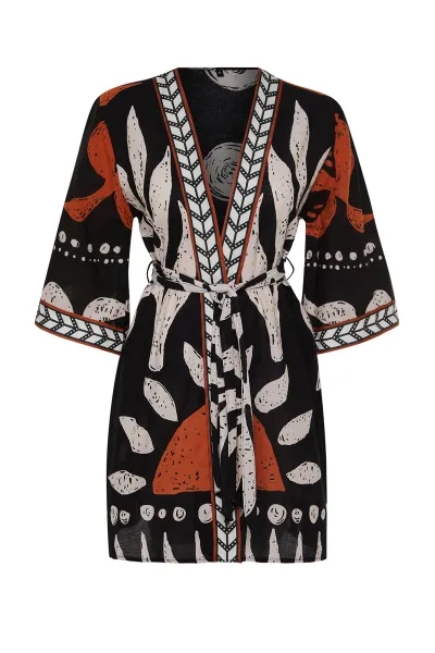 Trendyol etnický vzor opaskový mini-tkaný 100% bavlnený kimono a kaftan