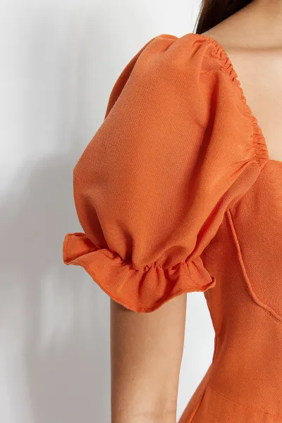 Trendyol oranžové mini tkané balónové rukávy tkané šaty