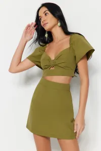 Trendyol Khaki Tkaný Set s Doplnkami, 100% Bavlnená Blúzka a Krátke Nohavice