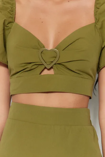 Trendyol Khaki Tkaný Set s Doplnkami, 100% Bavlnená Blúzka a Krátke Nohavice