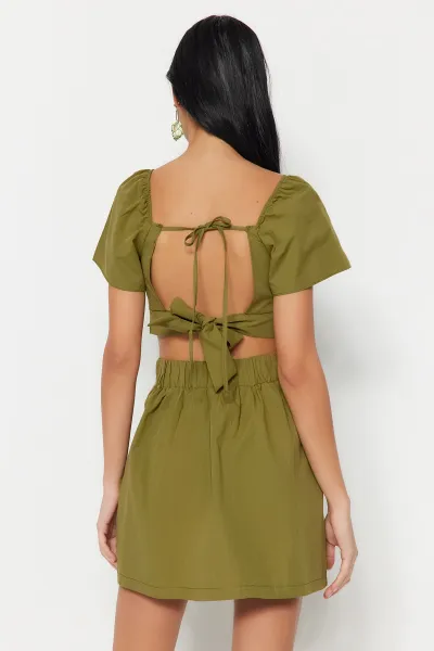 Trendyol Khaki Tkaný Set s Doplnkami, 100% Bavlnená Blúzka a Krátke Nohavice