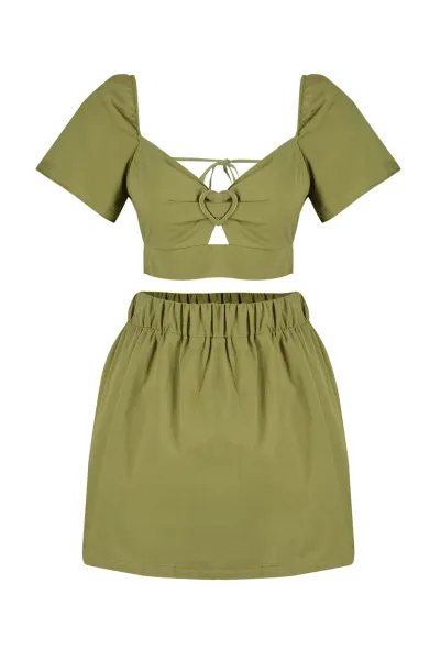 Trendyol Khaki Tkaný Set s Doplnkami, 100% Bavlnená Blúzka a Krátke Nohavice