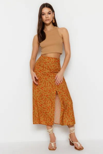 Trendyol Orange Ethnic Patterned Slit Detailed Midi Woven Skirt