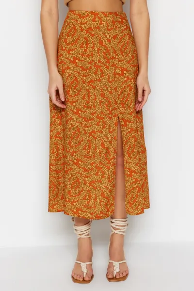 Trendyol Orange Ethnic Patterned Slit Detailed Midi Woven Skirt