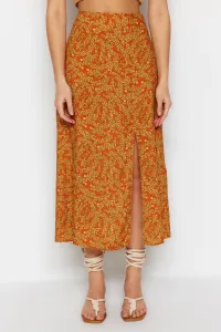 Trendyol Orange Ethnic Patterned Slit Detailed Midi Woven Skirt