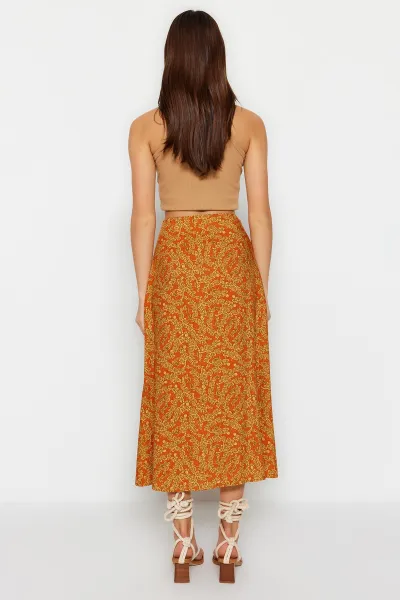 Trendyol Orange Ethnic Patterned Slit Detailed Midi Woven Skirt