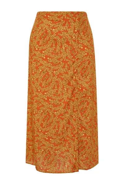 Trendyol Orange Ethnic Patterned Slit Detailed Midi Woven Skirt