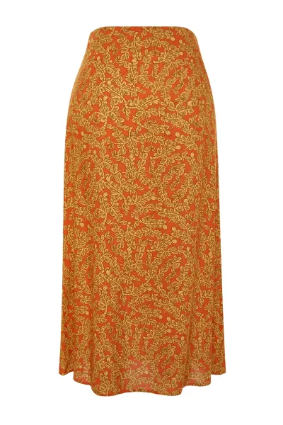 Trendyol Orange Ethnic Patterned Slit Detailed Midi Woven Skirt