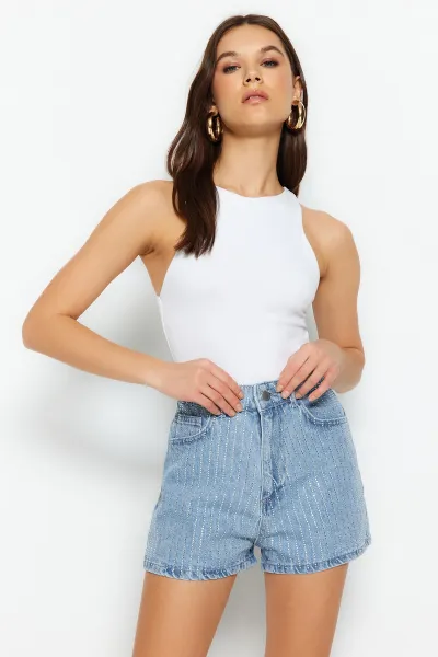 Trendyol High Waist Denim Shorts With Blue Stones