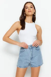Trendyol High Waist Denim Shorts With Blue Stones