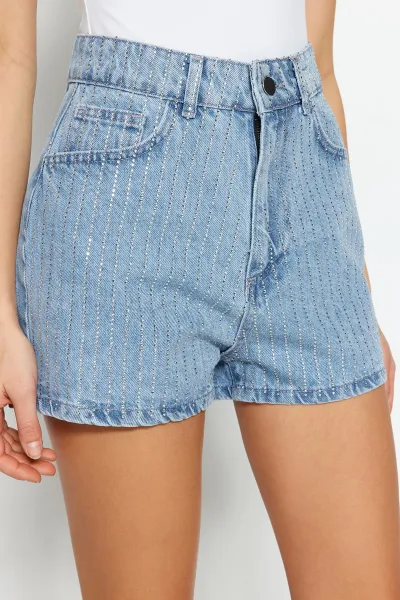 Trendyol High Waist Denim Shorts With Blue Stones