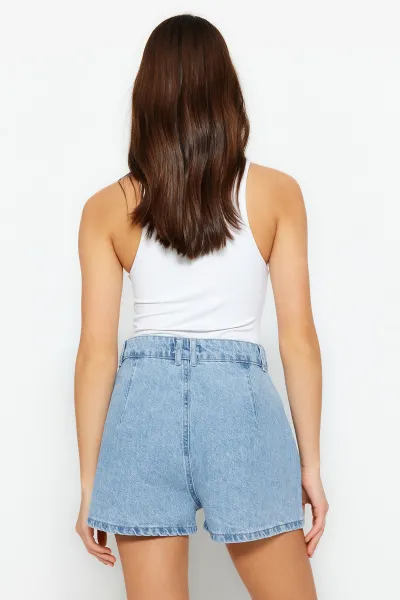 Trendyol High Waist Denim Shorts With Blue Stones