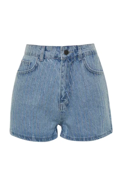 Trendyol High Waist Denim Shorts With Blue Stones
