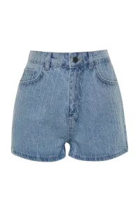 Trendyol High Waist Denim Shorts With Blue Stones