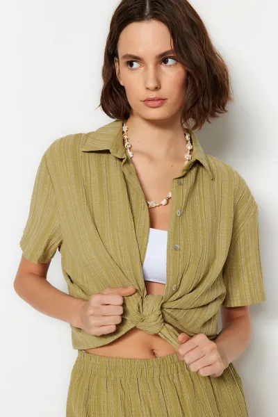 Trendyol Green Woven Linen Blend Shirt Shorts Beach Set