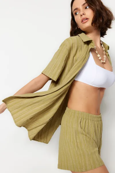 Trendyol Green Woven Linen Blend Shirt Shorts Beach Set