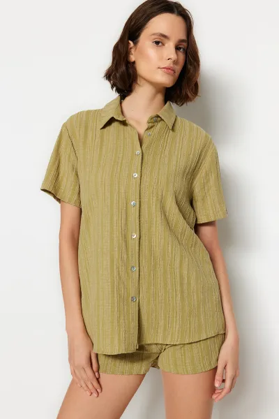 Trendyol Green Woven Linen Blend Shirt Shorts Beach Set