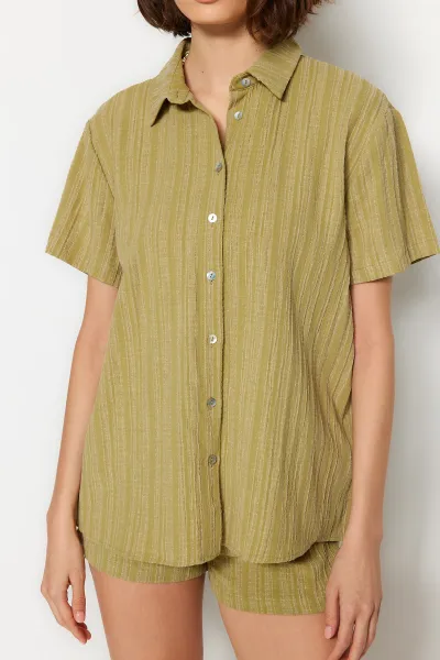 Trendyol Green Woven Linen Blend Shirt Shorts Beach Set