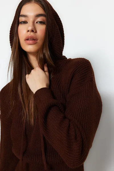 Trendyol Brown Mini Knitwear Hooded Dress