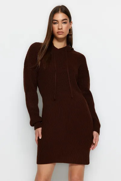 Trendyol Brown Mini Knitwear Hooded Dress