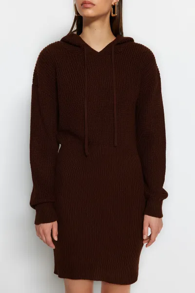 Trendyol Brown Mini Knitwear Hooded Dress