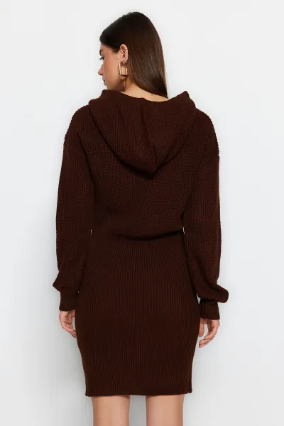 Trendyol Brown Mini Knitwear Hooded Dress