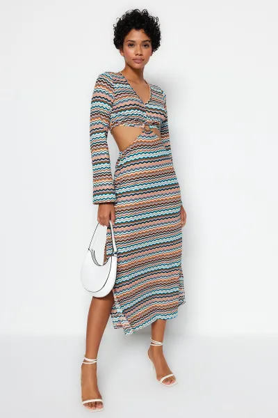 Trendyol Multi Color Cut Out Detail Printed Stretch Midi Knitted Dress