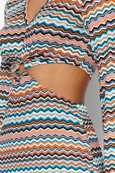 Trendyol Multi Color Cut Out Detail Printed Stretch Midi Knitted Dress