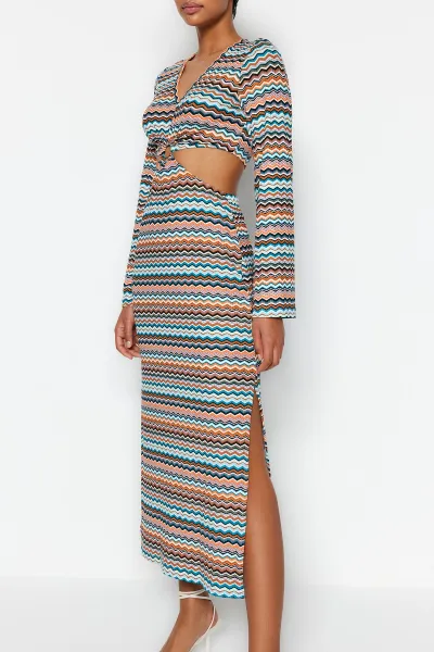 Trendyol Multi Color Cut Out Detail Printed Stretch Midi Knitted Dress