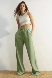 Trendyol Green 100% ľan široké nohavice s vysokým pásom a elastickým pásom.